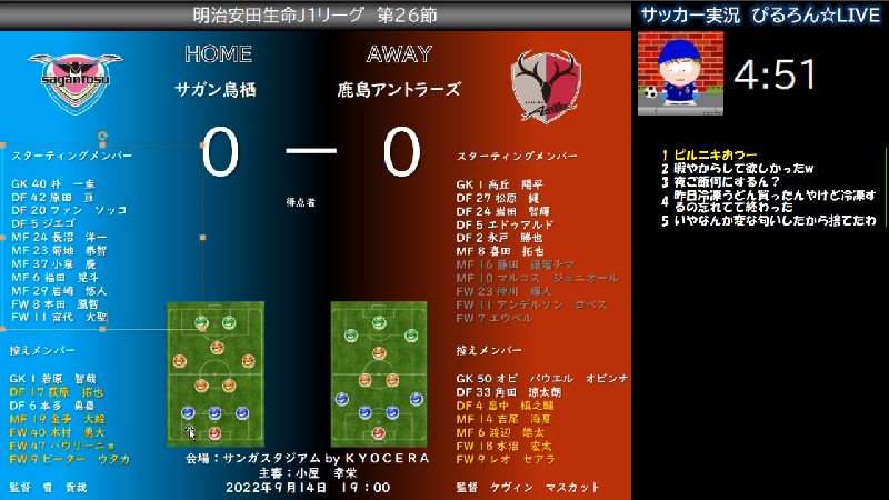 音声実況 ゆるーく 鳥栖 鹿島 22 9 16 金 19 04開始 ニコニコ生放送